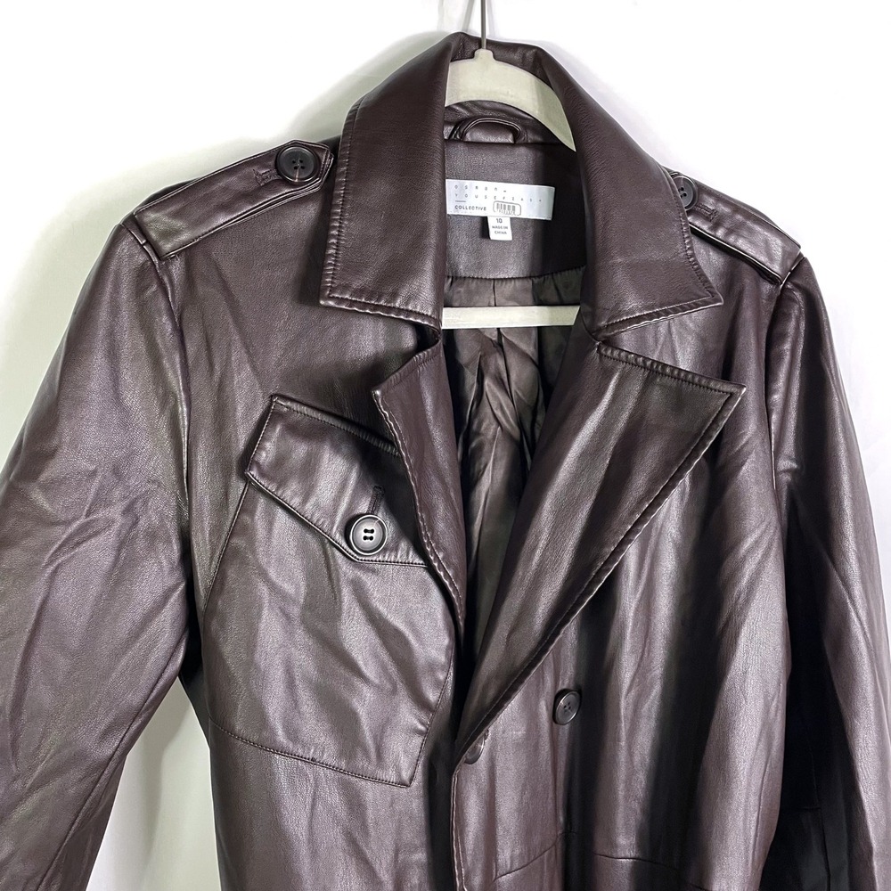 Osman Yousefzada Faux Leather Trench Coat Long Belted Brown‎ Vegan Sz 10 - Picture 6 of 16